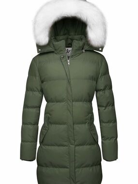 WenVen Women’s Winter Puffer Coat XL Olive Green Fur Hood